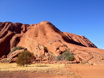 Scenic view of desert against clear blue sky