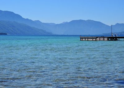 Scenic view of lake against clear blue sky