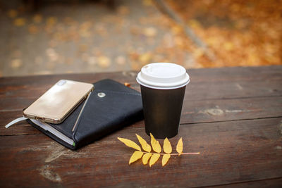 High angle view of coffee cup on table