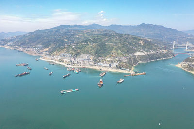 High angle view of boats in bay