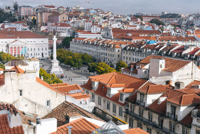 High angle view of town against sky