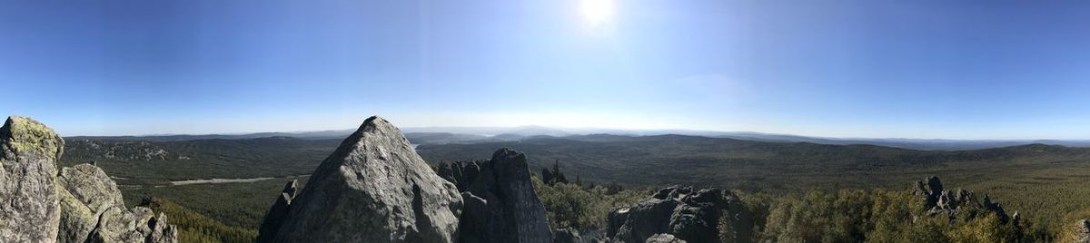 Panoramic view of mountains against blue sky