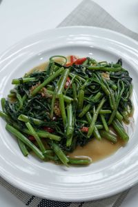 High angle view of salad in bowl on table