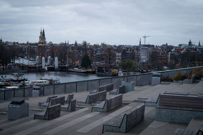 High angle view of city buildings against cloudy sky