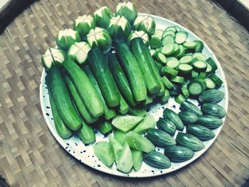 High angle view of vegetables in basket on table