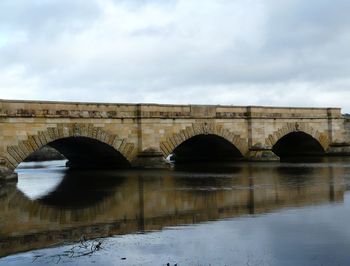 Bridge over river against cloudy sky