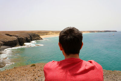 Rear view of man looking at sea against clear sky