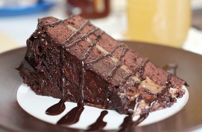 Close-up of chocolate cake in plate