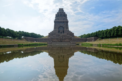 Monument to the battle of the nations against sky reflecting in the lake
