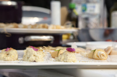 Close-up of served food on tray