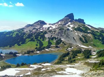 Scenic view of lake and mountains against blue sky