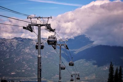 Low angle view of overhead cable car against sky