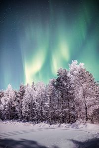 Snow covered land against sky at night