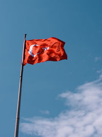 Low angle view of flag against sky