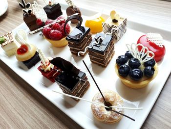 High angle view of dessert in plate on table