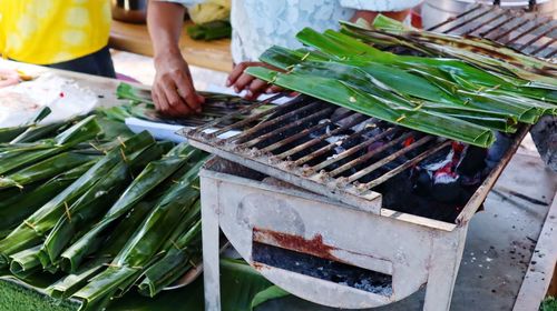 High angle view of thai sweet on barbecue grill