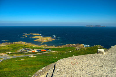 High angle view of sea against blue sky