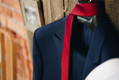 Close-up of clothes hanging on store