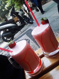 High angle view of drink on table