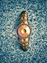 High angle view of drink in glass on table