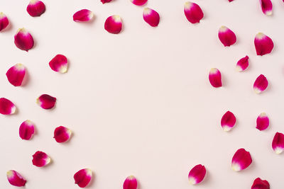 High angle view of pink heart shape over white background