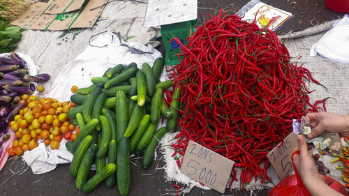 High angle view of vegetables for sale in market