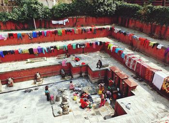 High angle view of people on the wall