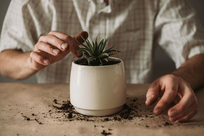 Midsection of man holding potted plant on table