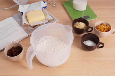 High angle view of breakfast on table