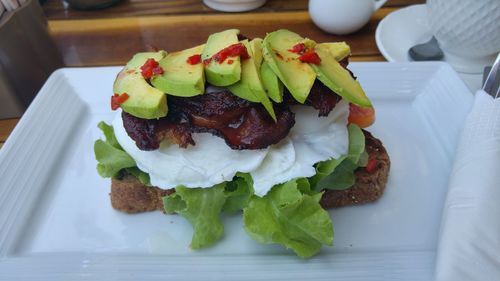 Close-up of food served in plate on table