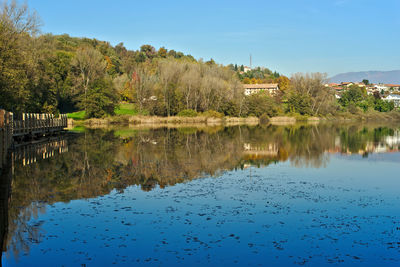 Reflection of trees in lake against clear sky