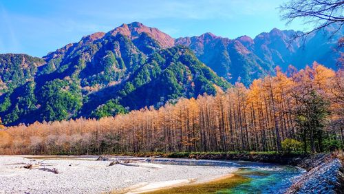 Scenic view of mountains against sky during autumn