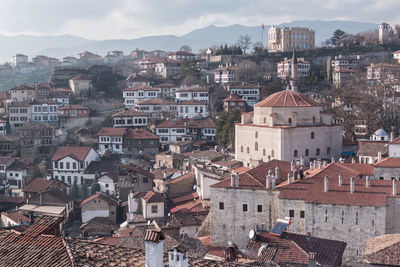 High angle view of buildings in city