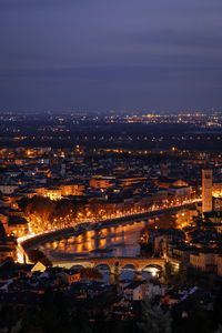 High angle view of illuminated buildings at night