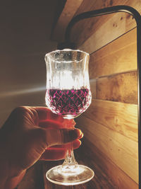 Close-up of hand holding glass of wine