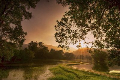 Scenic view of river at sunset