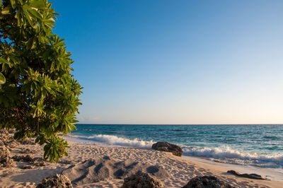 Scenic view of sea against clear blue sky