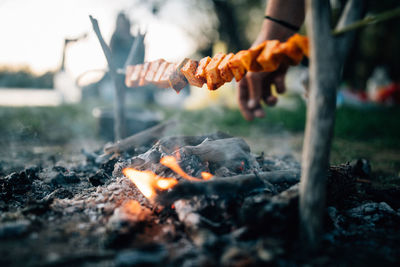 Tofu hanging over bonfire