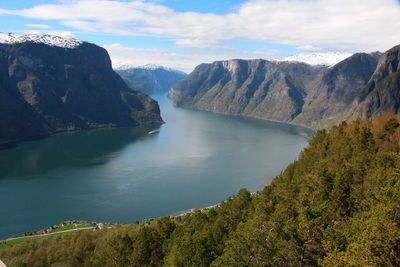 Scenic view of land and mountains against sky