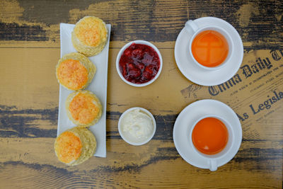 High angle view of breakfast on table,hot tea with scones