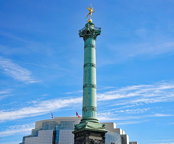 Low angle view of statue against blue sky