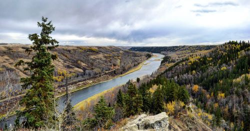 Scenic view of landscape and river against sky