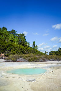 Scenic view of beach against blue sky