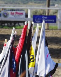 Close-up of flags hanging