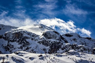 Snow covered mountains against sky