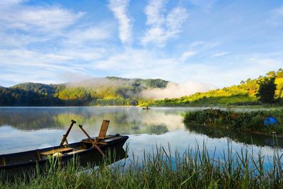 Scenic view of lake against cloudy sky