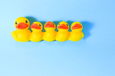 Close-up of rubber ducks against blue background
