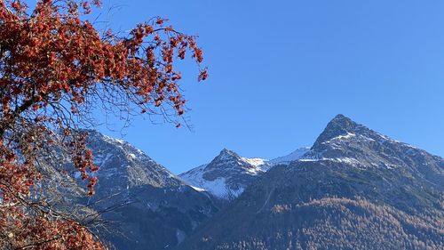 Scenic view of snowcapped mountains against clear blue sky