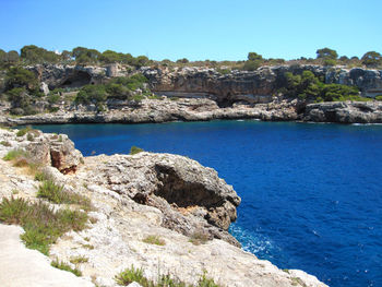 Scenic view of sea and rocks against clear blue sky