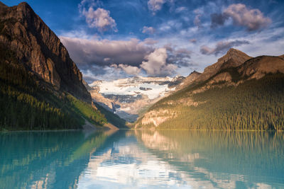 Scenic view of lake and mountains against sky